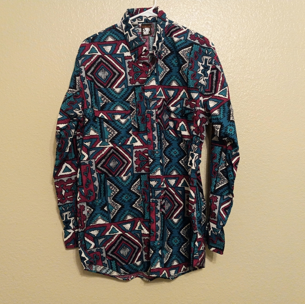 Karman Vintage Maroon Teal Green Southwestern Button Front Shirt
